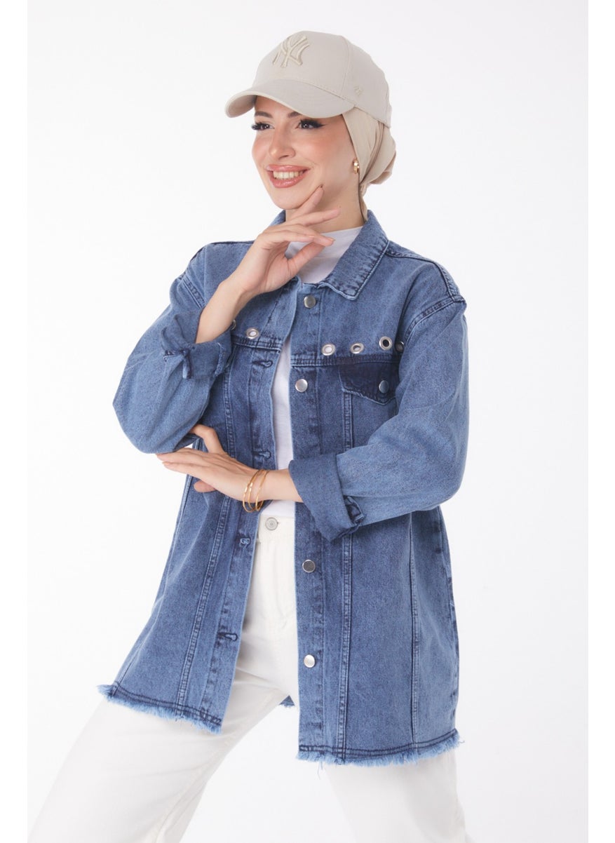 Plain Shirt Collar Women's Blue Bird Eye Denim Jacket - 25363