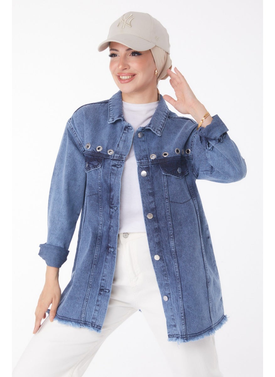 Plain Shirt Collar Women's Blue Bird Eye Denim Jacket - 25363