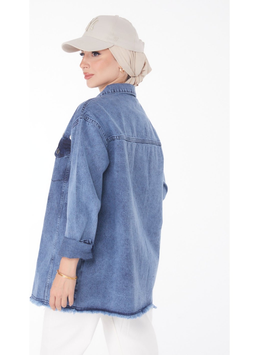 Plain Shirt Collar Women's Blue Bird Eye Denim Jacket - 25363