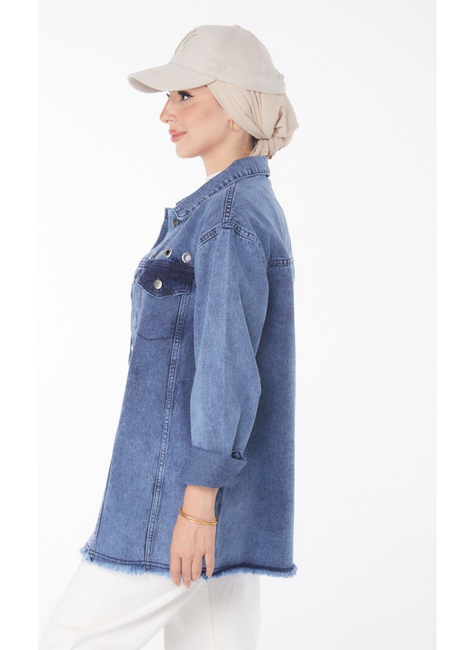 Plain Shirt Collar Women's Blue Bird Eye Denim Jacket - 25363