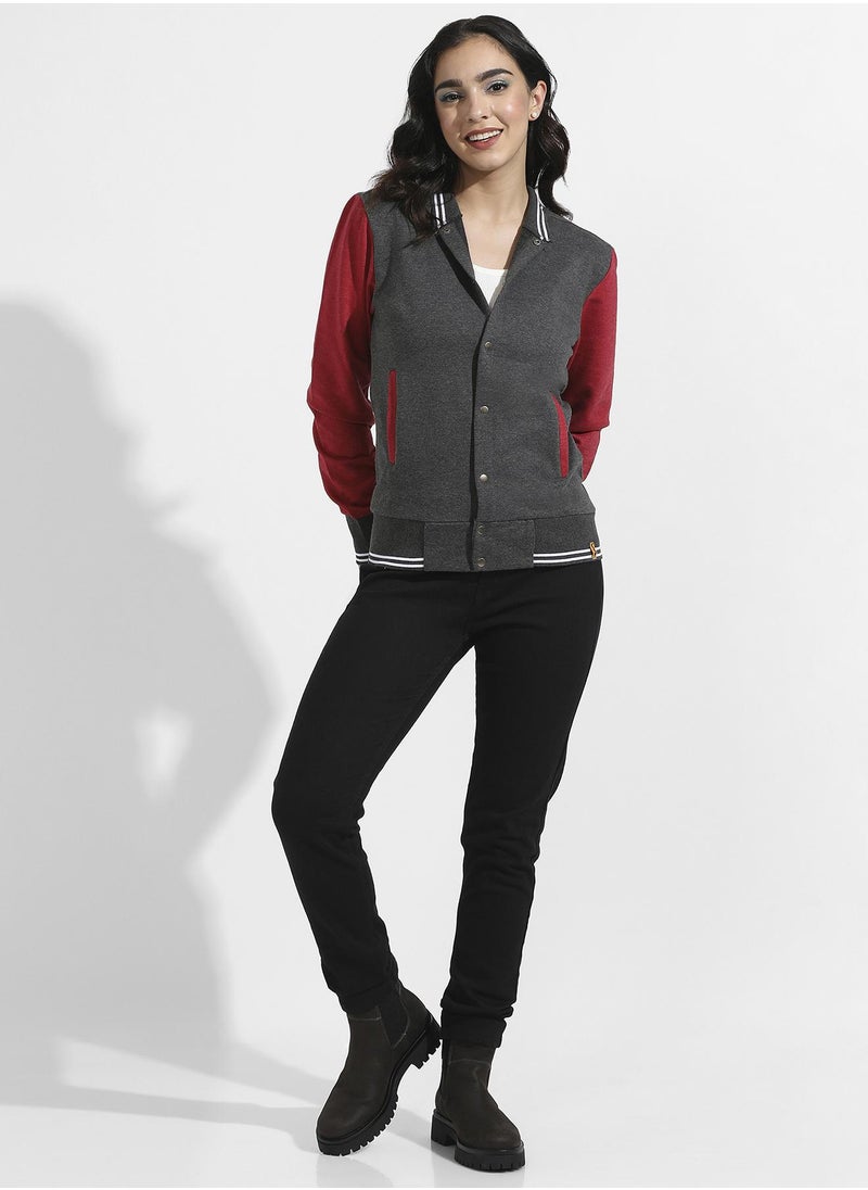 Women's Grey & Red Colourblock Jacket With Insert Pockets