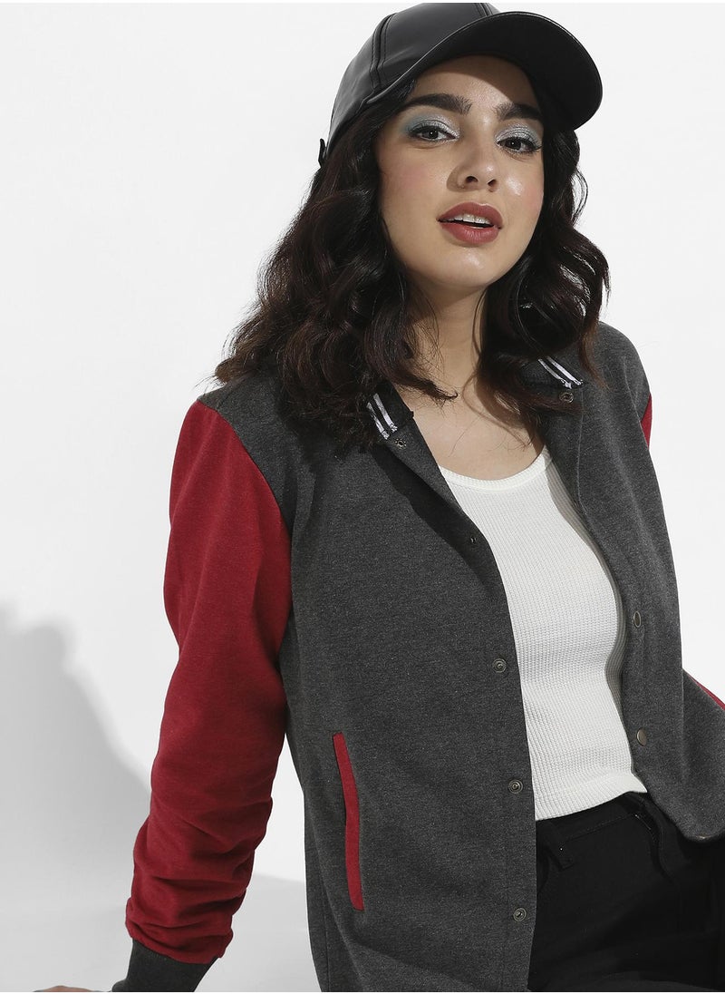 Women's Grey & Red Colourblock Jacket With Insert Pockets