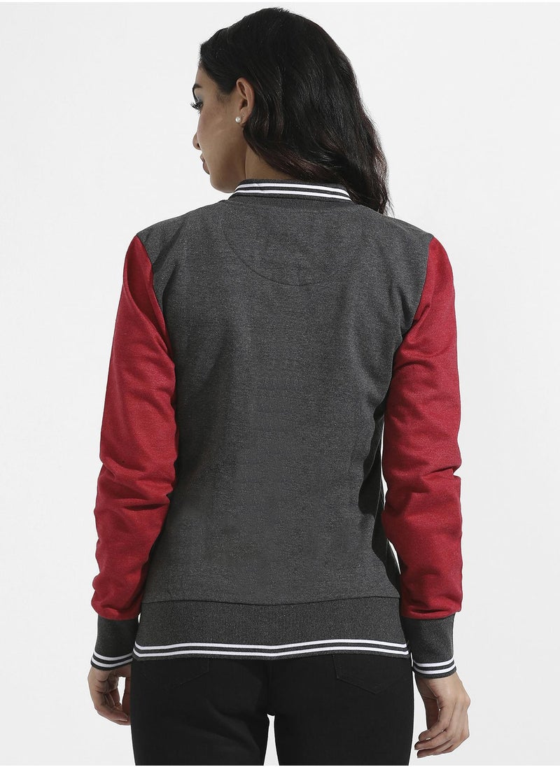 Women's Grey & Red Colourblock Jacket With Insert Pockets