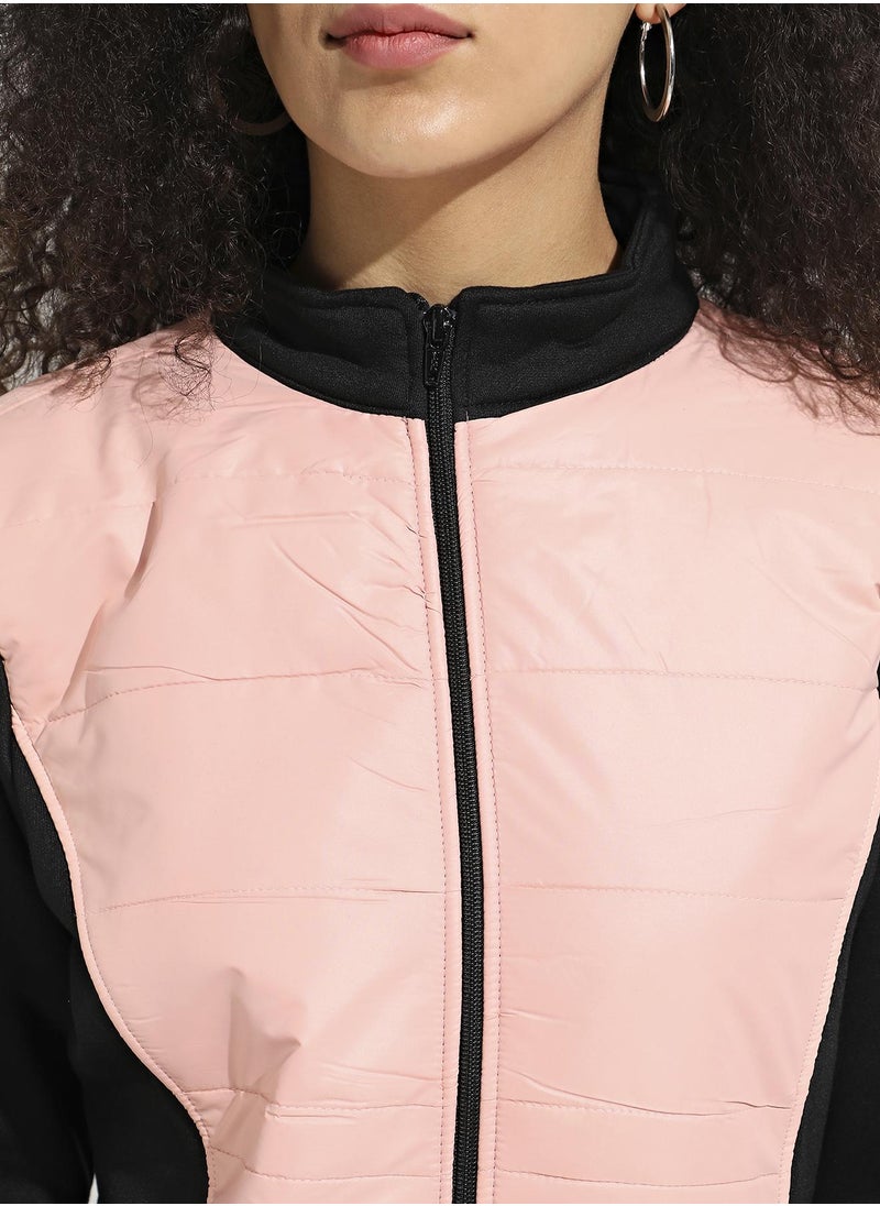 Women's Peach & Black Zip-Front Jacket With Quilted Details