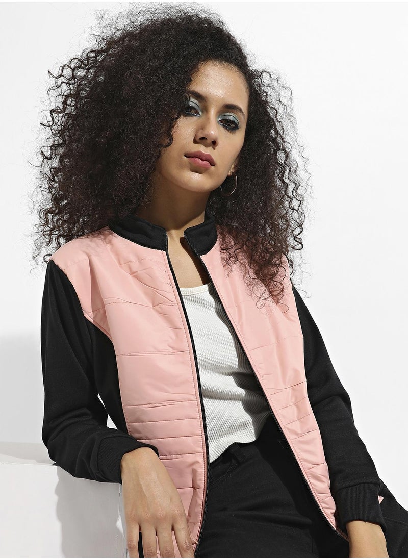 Women's Peach & Black Zip-Front Jacket With Quilted Details