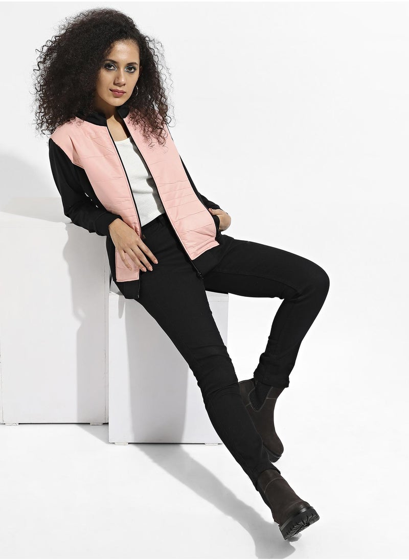 Women's Peach & Black Zip-Front Jacket With Quilted Details