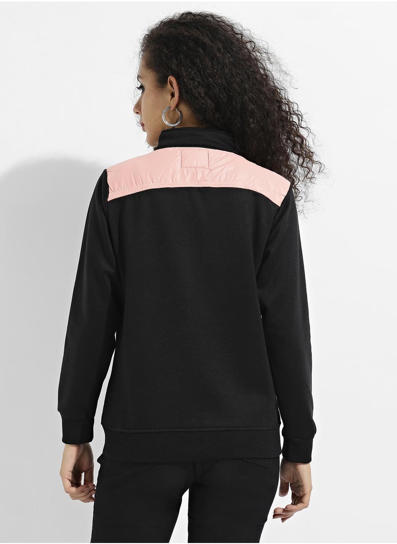 Women's Peach & Black Zip-Front Jacket With Quilted Details