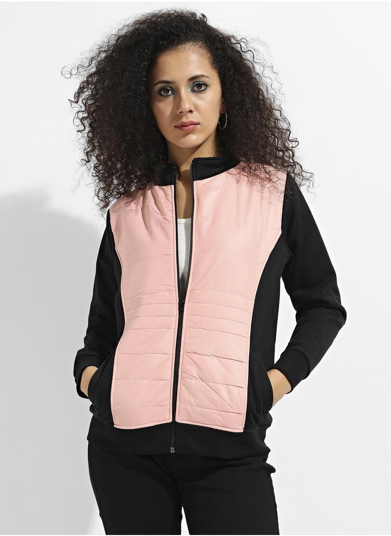 Women's Peach & Black Zip-Front Jacket With Quilted Details