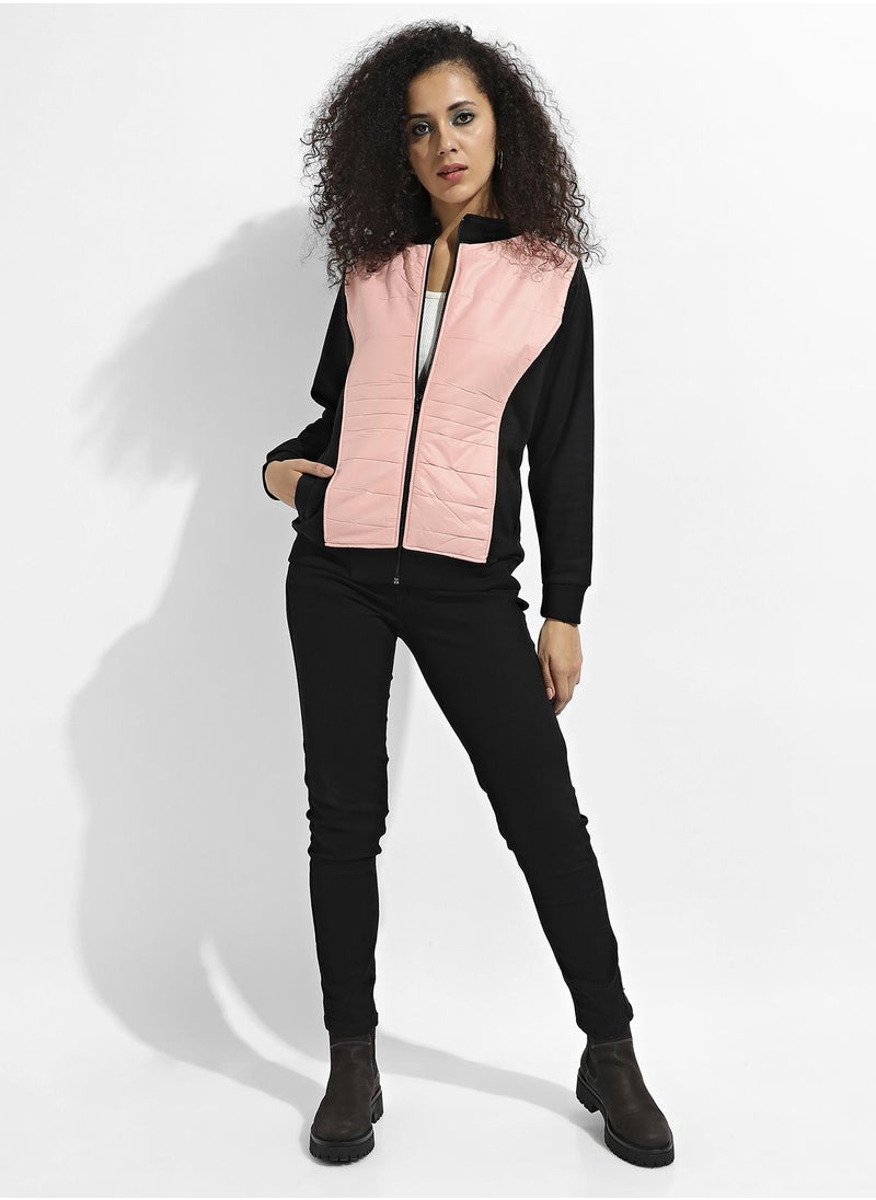 Women's Peach & Black Zip-Front Jacket With Quilted Details