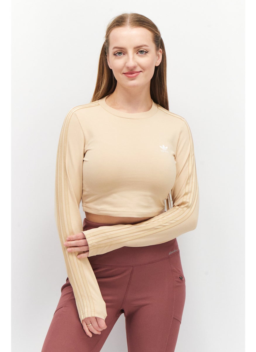 Women Sportswear Fit Crew Neck Long Sleeves Brand Logo Crop Top, Brown