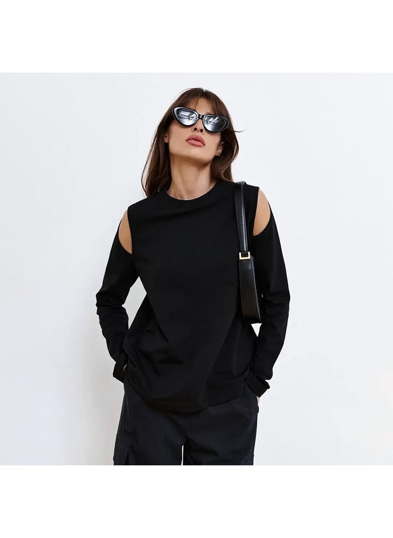 Chic Off-Shoulder Black Long Sleeve Tee Black