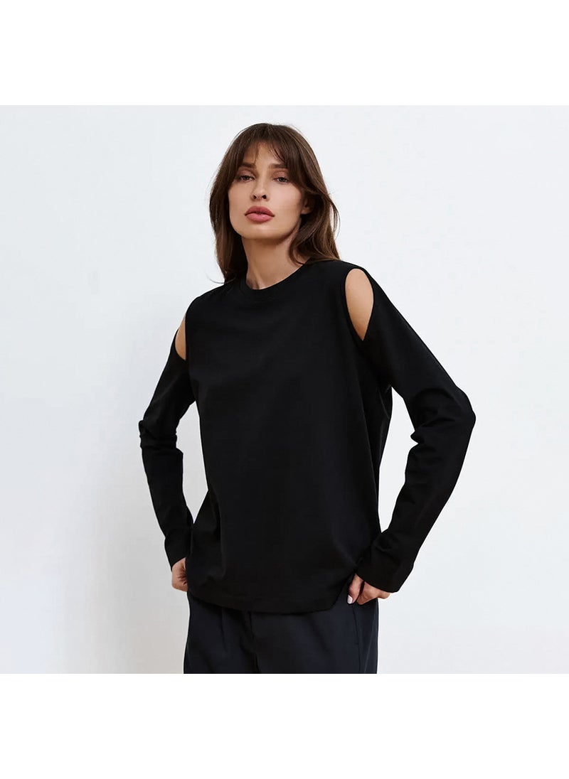 Chic Off-Shoulder Black Long Sleeve Tee Black