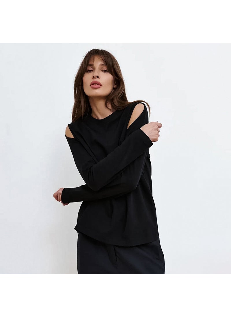 Chic Off-Shoulder Black Long Sleeve Tee Black