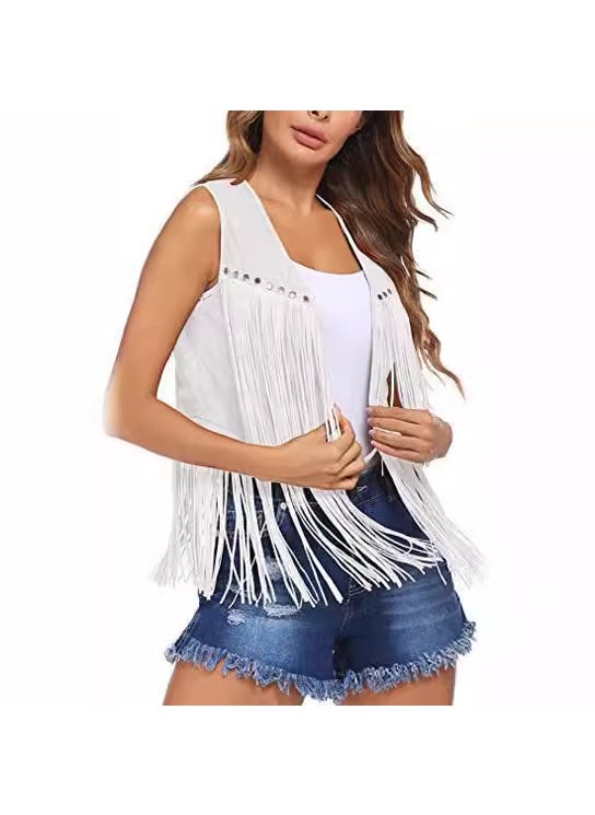 Summer Tassel Suede Vest Cardigan for Women White