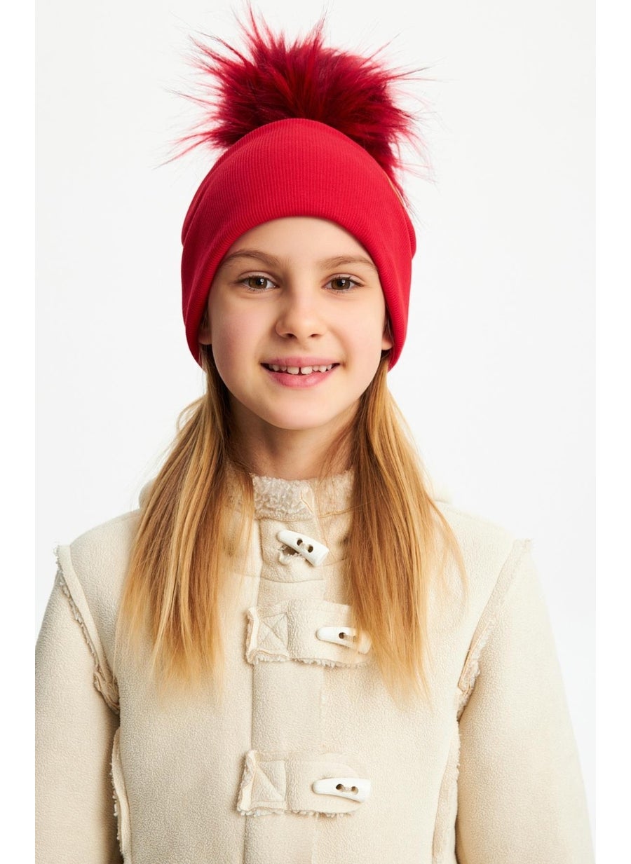 Red Girl's Fur Pompom Hat Beanie Cotton Camisole