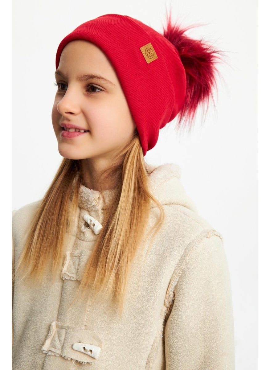 Red Girl's Fur Pompom Hat Beanie Cotton Camisole