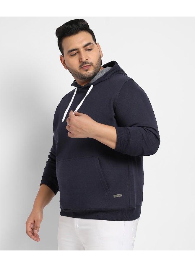 Instafab Plus Men's Navy Blue Pullover Hoodie With Contrast Drawstring