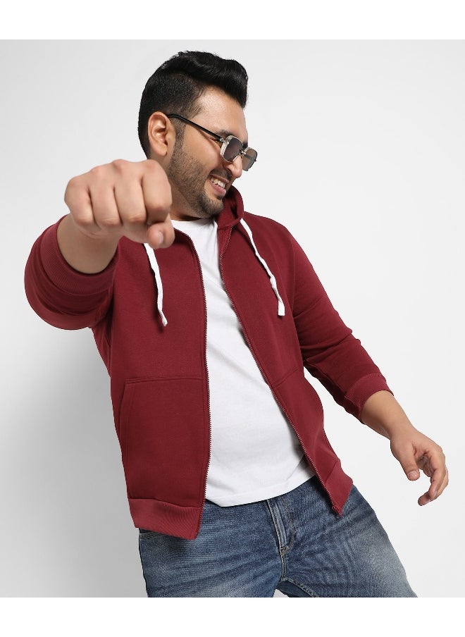 Instafab Plus Men's Maroon Red Zip-Front Hoodie With Contrast Drawstring