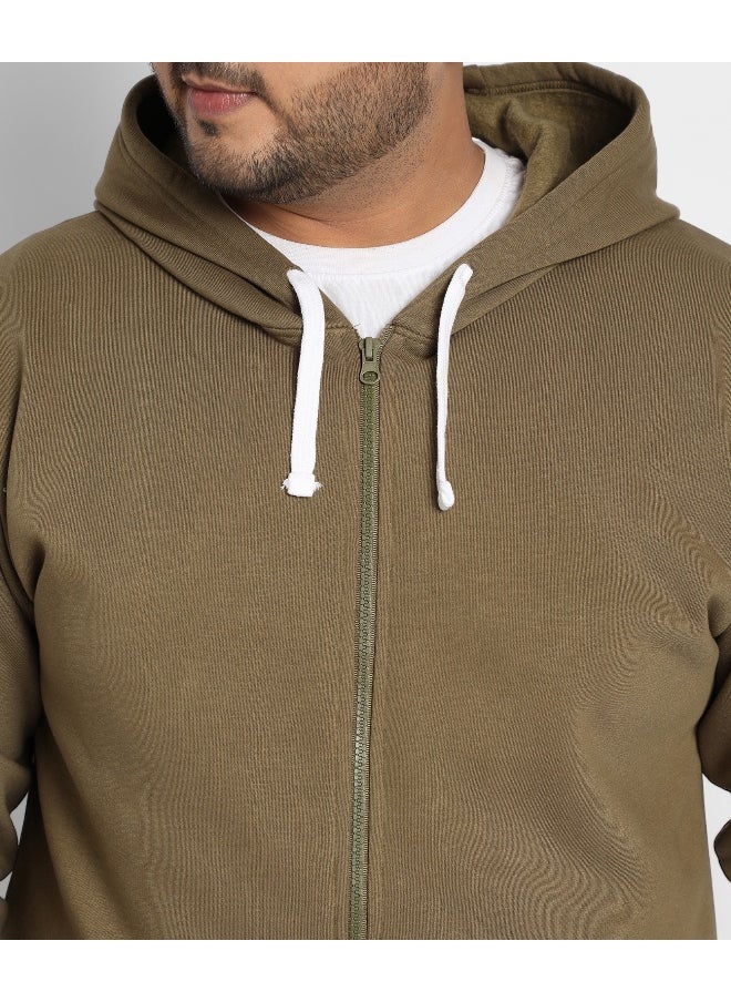 Instafab Plus Men's Olive Green Zip-Front Hoodie With Contrast Drawstring