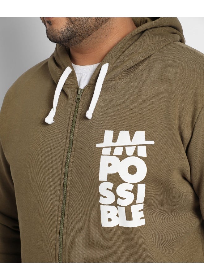 Instafab Plus Men's Olive Green Zip-Front Impossible Hoodie With Contrast Drawstring