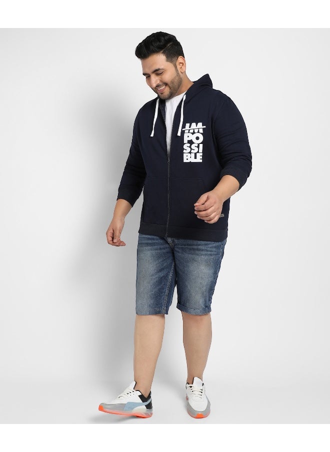 Instafab Plus Men's Navy Blue Zip-Front Impossible Hoodie With Contrast Drawstring