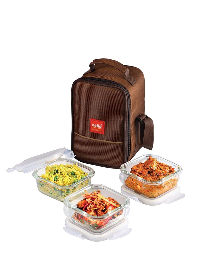 Cello MF glassy seal O fresh glass lunch box set of three square containers, 350ml each with jacket