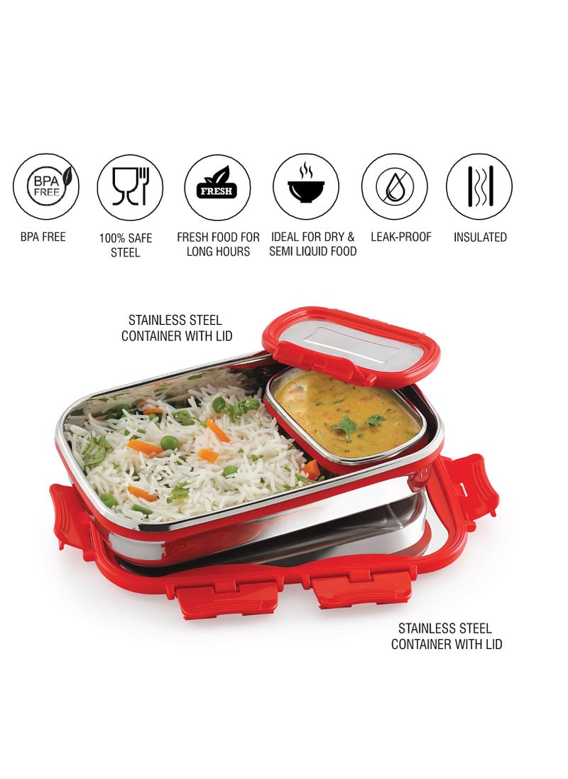 Cello click it steel insulated lunch box, medium, 925ml, red