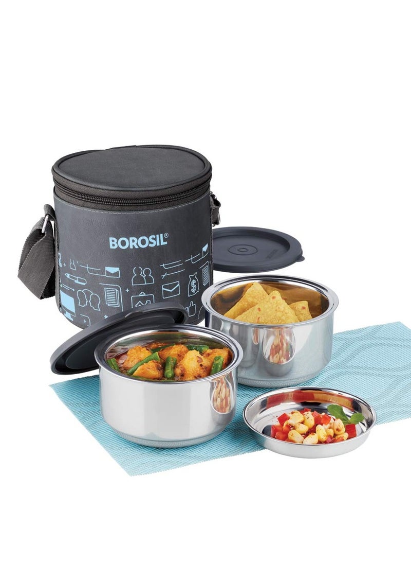 Borosil Carry Fresh Stainless Steel Lunchbox | 2 pc Round Container Set (280ml Each) | Tiffin for Office, School & College with Food Grade Steel | Leakproof & Dishwasher Safe | 1 Year Warranty