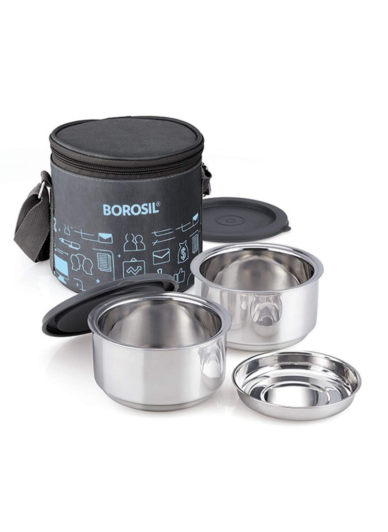 Borosil Carry Fresh Stainless Steel Lunchbox | 2 pc Round Container Set (280ml Each) | Tiffin for Office, School & College with Food Grade Steel | Leakproof & Dishwasher Safe | 1 Year Warranty