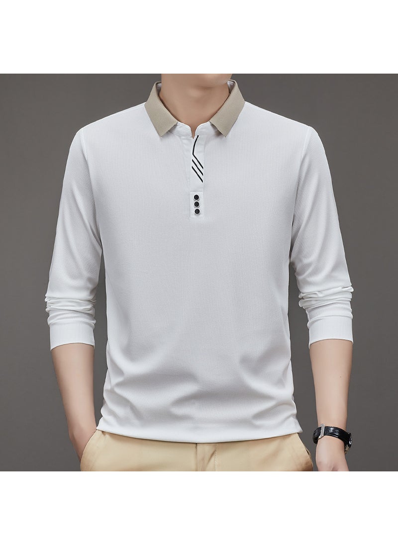 New Mens Long Sleeve Polo Shirt Autumn Solid Business Casual White