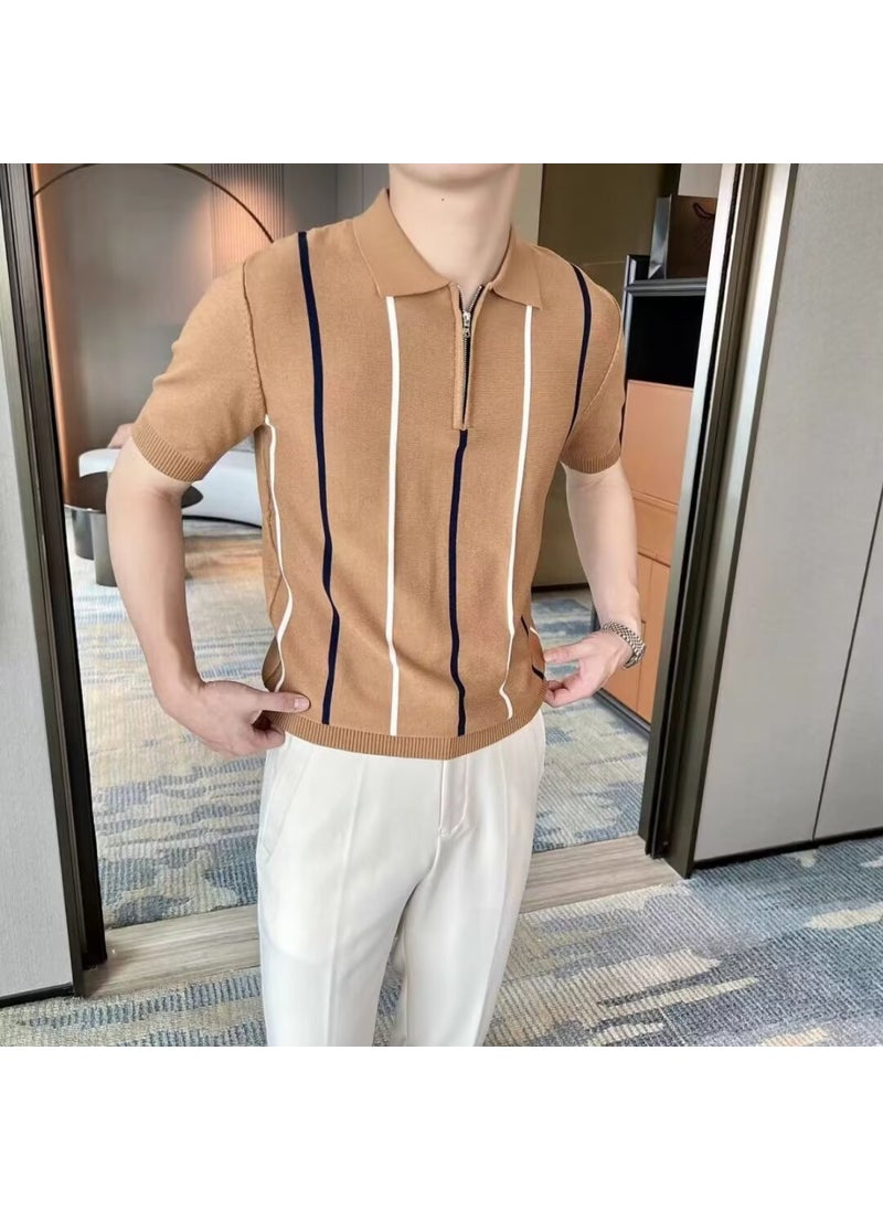 Mens Slim Fit Striped Zip Polo Shirt Summer Trend Caramel