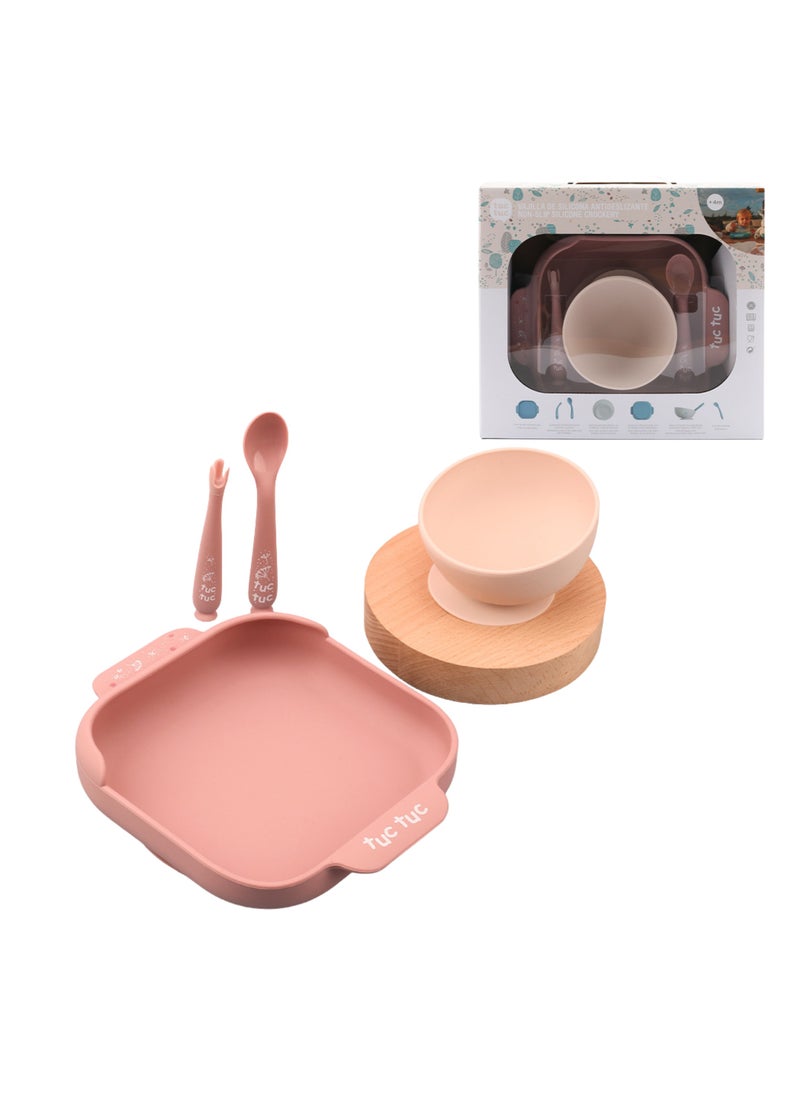 Twisoo Suction Baby Plate and Bowl Set with Fork and Spoon, BPA-Free Silicone, Dishwasher & Microwave Safe, Pink