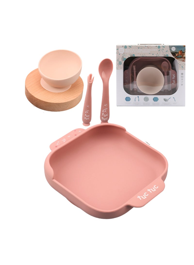 Twisoo Suction Baby Plate and Bowl Set with Fork and Spoon, BPA-Free Silicone, Dishwasher & Microwave Safe, Pink