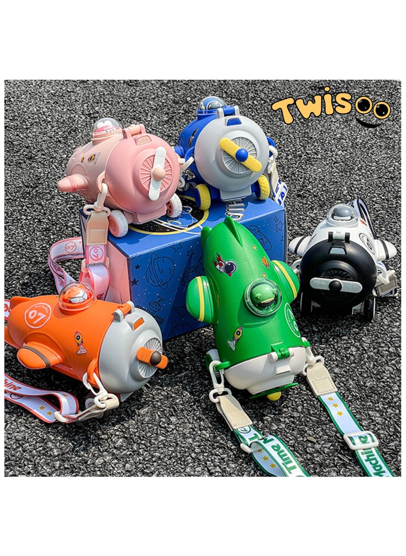 Twisoo Plane Shape Kids Water Bottle with Straw - 500ml, Cute Reusable Drinking Bottle, Leak-Resistant, BPA-Free, Wide Mouth, with Strap and Stickers