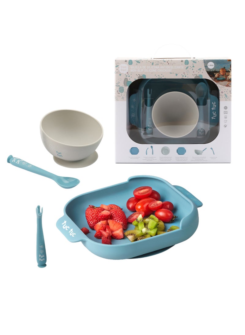 Twisoo Suction Baby Plate and Bowl Set with Fork and Spoon, BPA-Free Silicone, Dishwasher & Microwave Safe, Blue