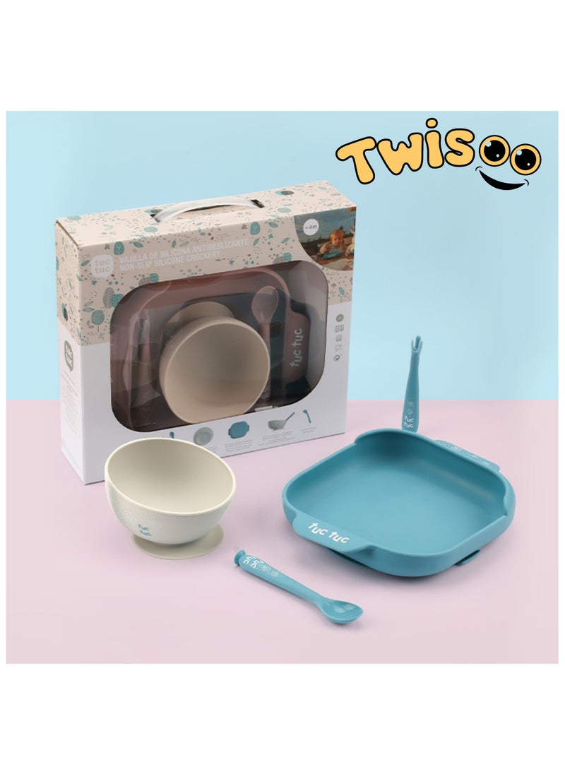 Twisoo Suction Baby Plate and Bowl Set with Fork and Spoon, BPA-Free Silicone, Dishwasher & Microwave Safe, Blue