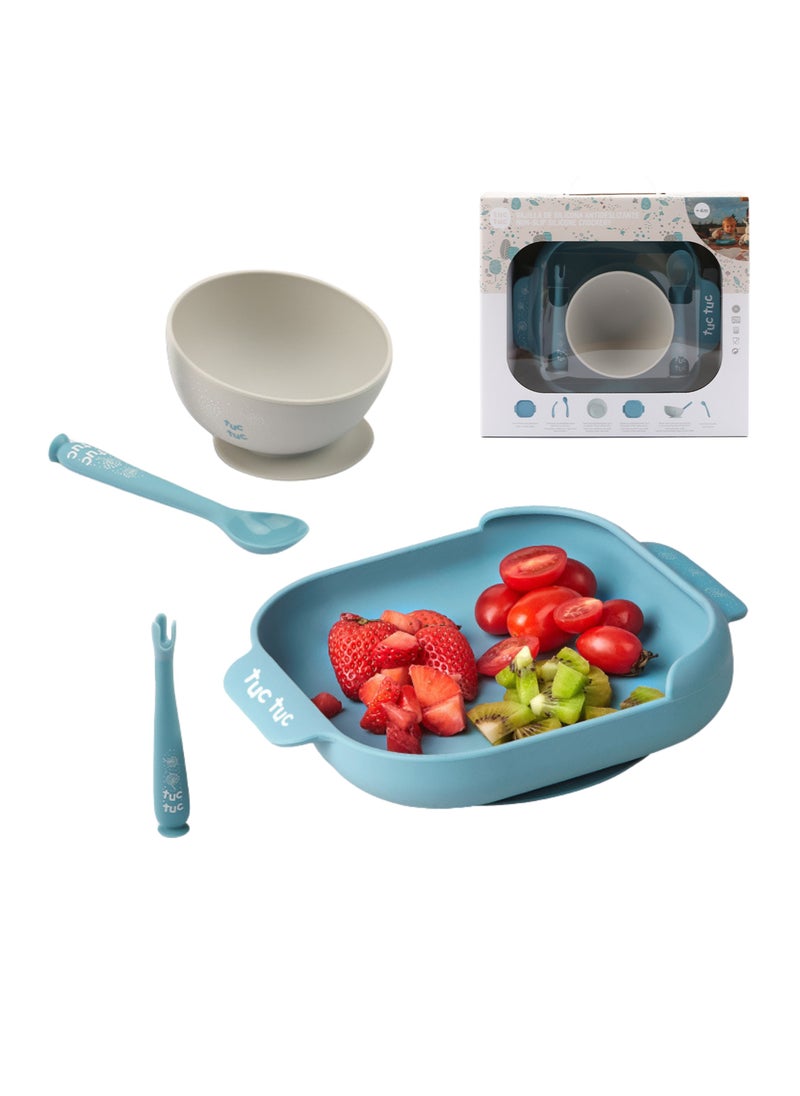 Twisoo Suction Baby Plate and Bowl Set with Fork and Spoon, BPA-Free Silicone, Dishwasher & Microwave Safe, Blue