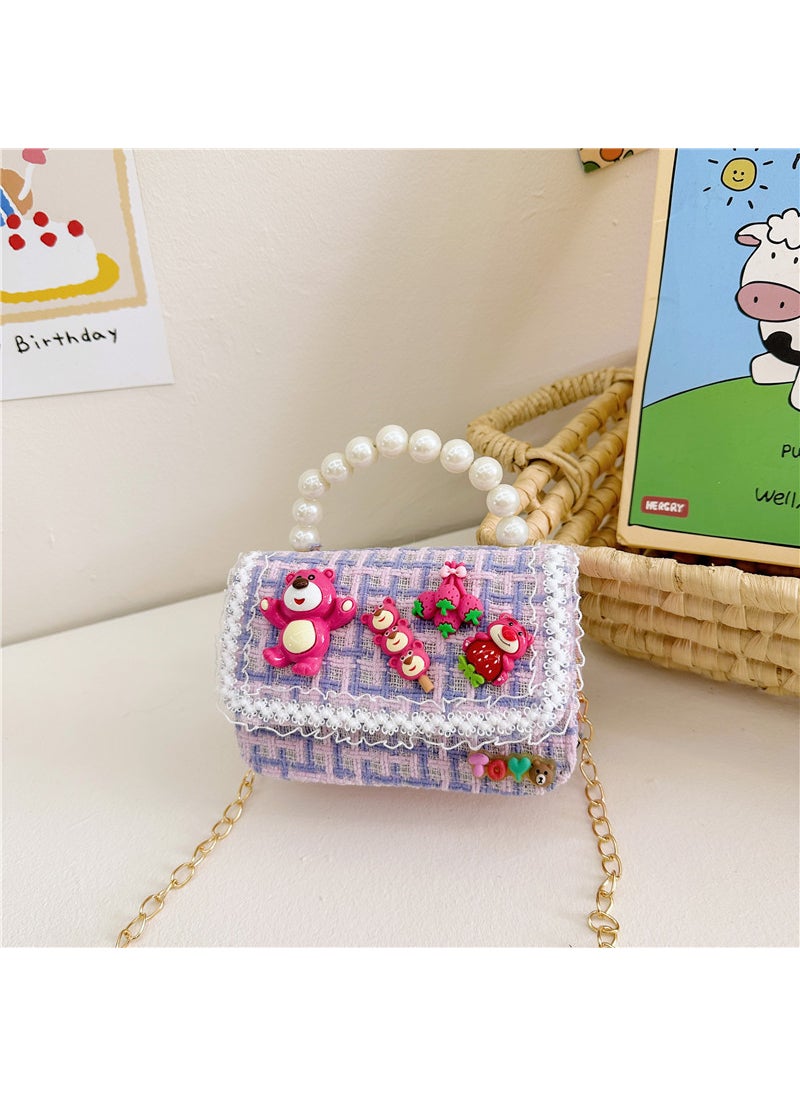 Kids Cartoon Princess Chain Bag Fashion PearlBlue and purple plaid Blue and purple plaid