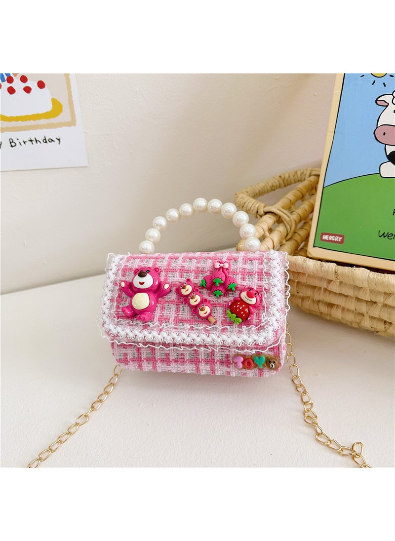 Kids Cartoon Princess Chain Bag Fashion PearlRose pink plaid Rose pink plaid