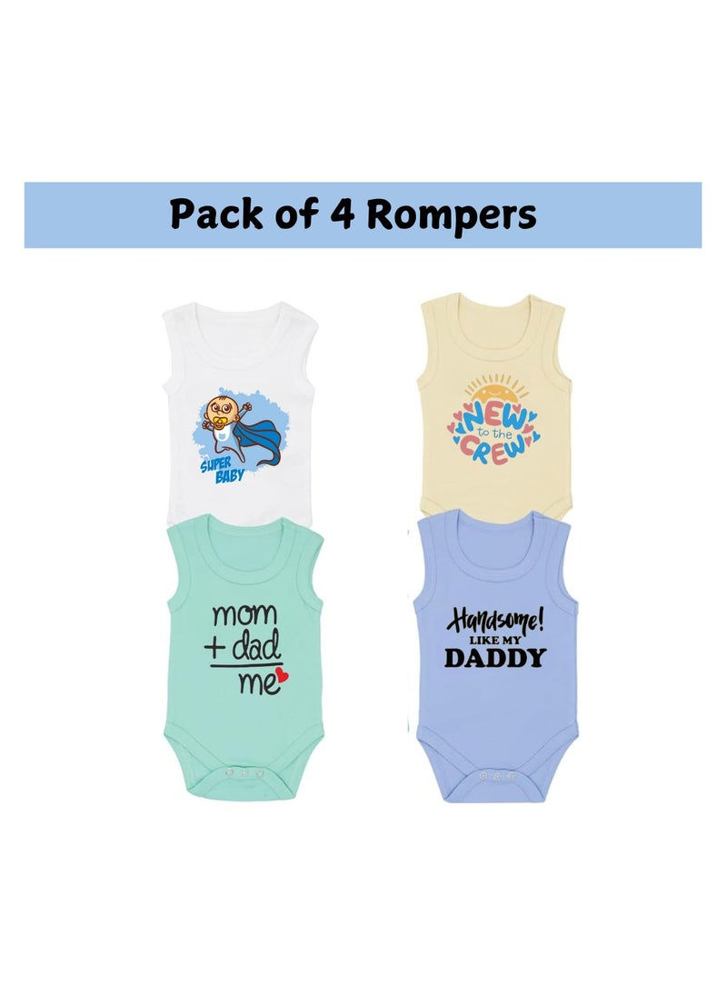 Sleeveless Baby Romper Set For Boys-Pack Of 4 Soft Cotton Rompers-Cute Outfits For Newborns And Toddlers With Snap Closure-Gift For Baby Boys