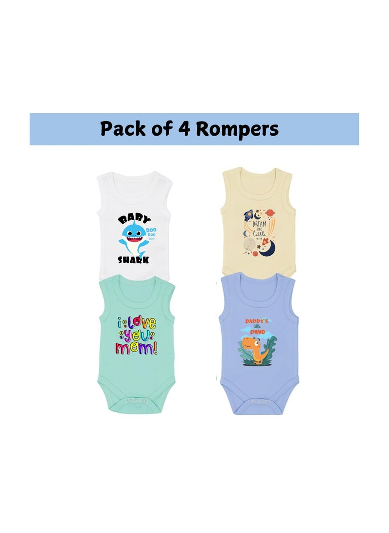 Sleeveless Baby Romper Set For Boys-Pack Of 4 Soft Cotton Rompers-Cute Outfits For Newborns And Toddlers With Snap Closure-Gift For Baby Boys