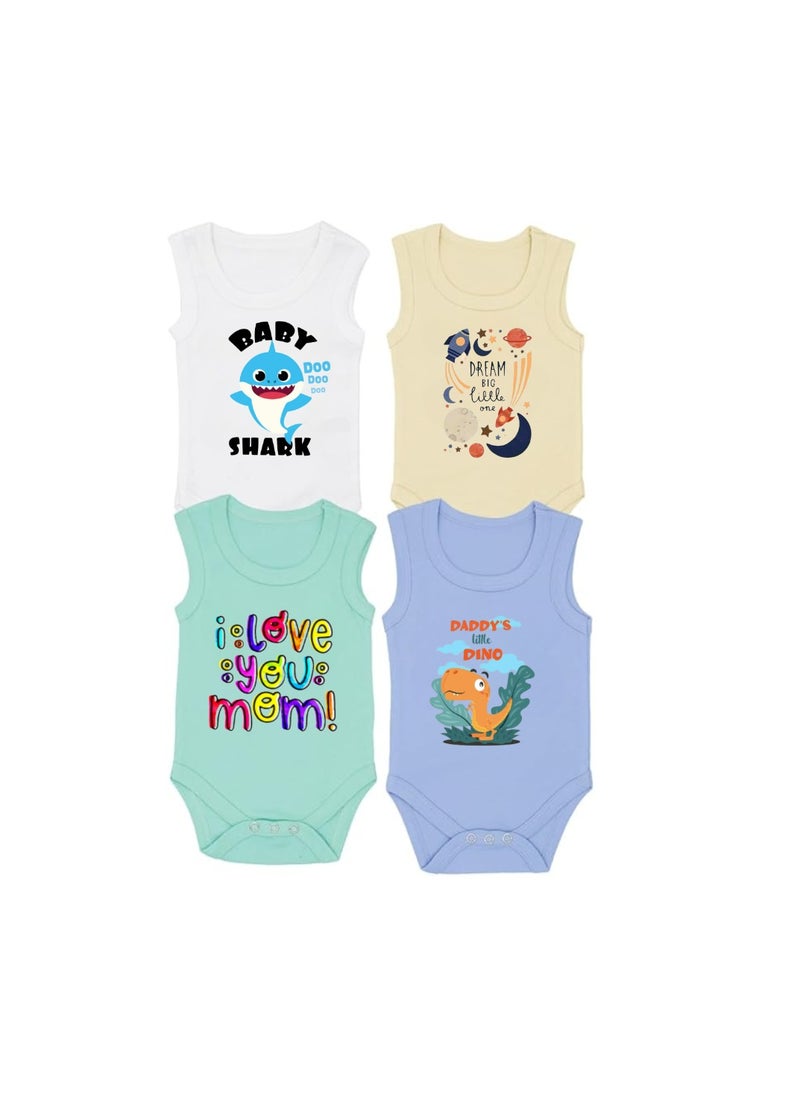 Sleeveless Baby Romper Set For Boys-Pack Of 4 Soft Cotton Rompers-Cute Outfits For Newborns And Toddlers With Snap Closure-Gift For Baby Boys