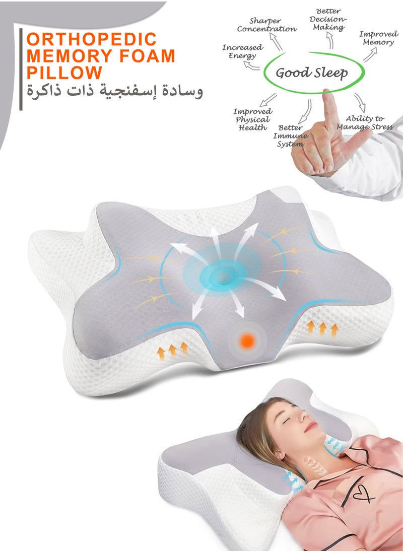 Memory Foam Butterfly-Shaped Cervical Pillow for Shoulder and Neck Pain Relief, Ergonomic Orthopedic Support for Side, Back, and Stomach Sleeping, Washable Cover