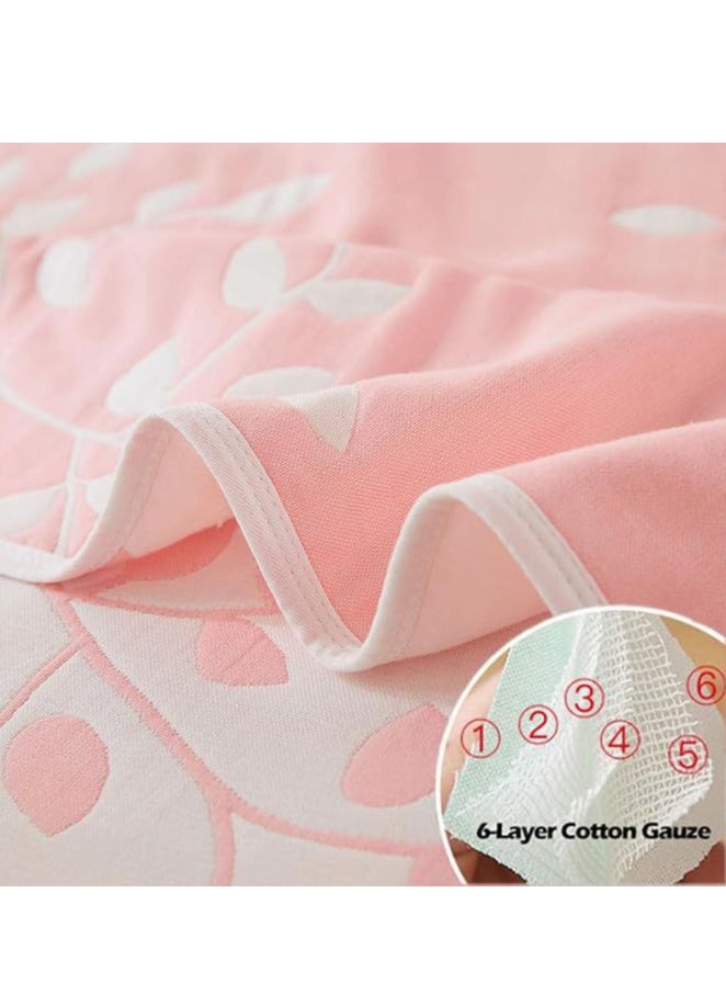 Cotton Throw Blanket, Single Size Thin Bed Blanket, 6 Layer Soft Cotton Yarn, For Sofa Bed Naps, 150x200cm,(Foliage Pink)