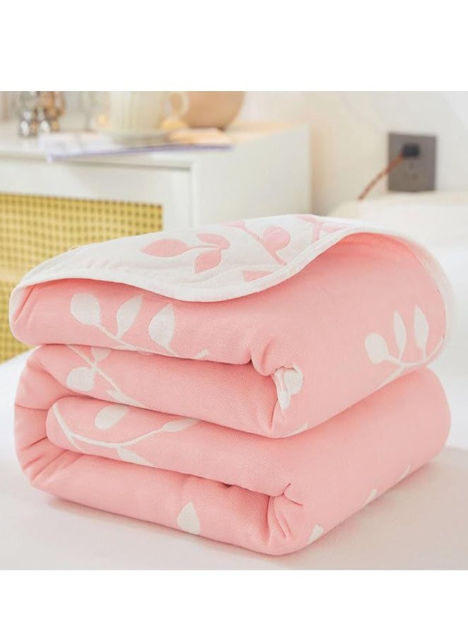 Cotton Throw Blanket, Single Size Thin Bed Blanket, 6 Layer Soft Cotton Yarn, For Sofa Bed Naps, 150x200cm,(Foliage Pink)