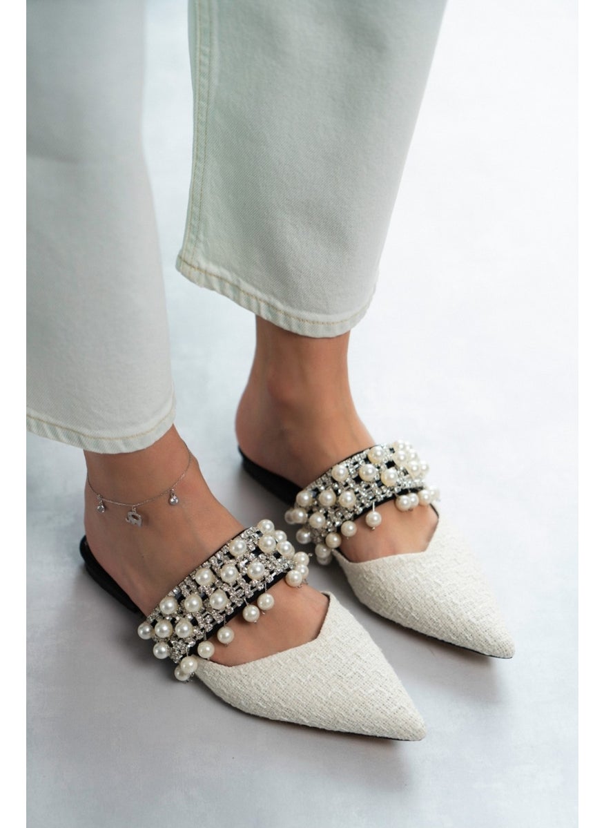 Fomax White Kilim Pearl Detail Women's Heeled Slippers