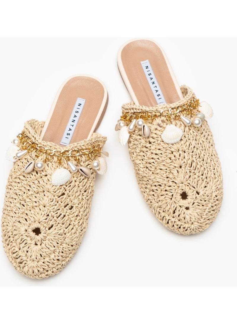 Kate Beige Knitted Seashell Detailed Women's Slippers