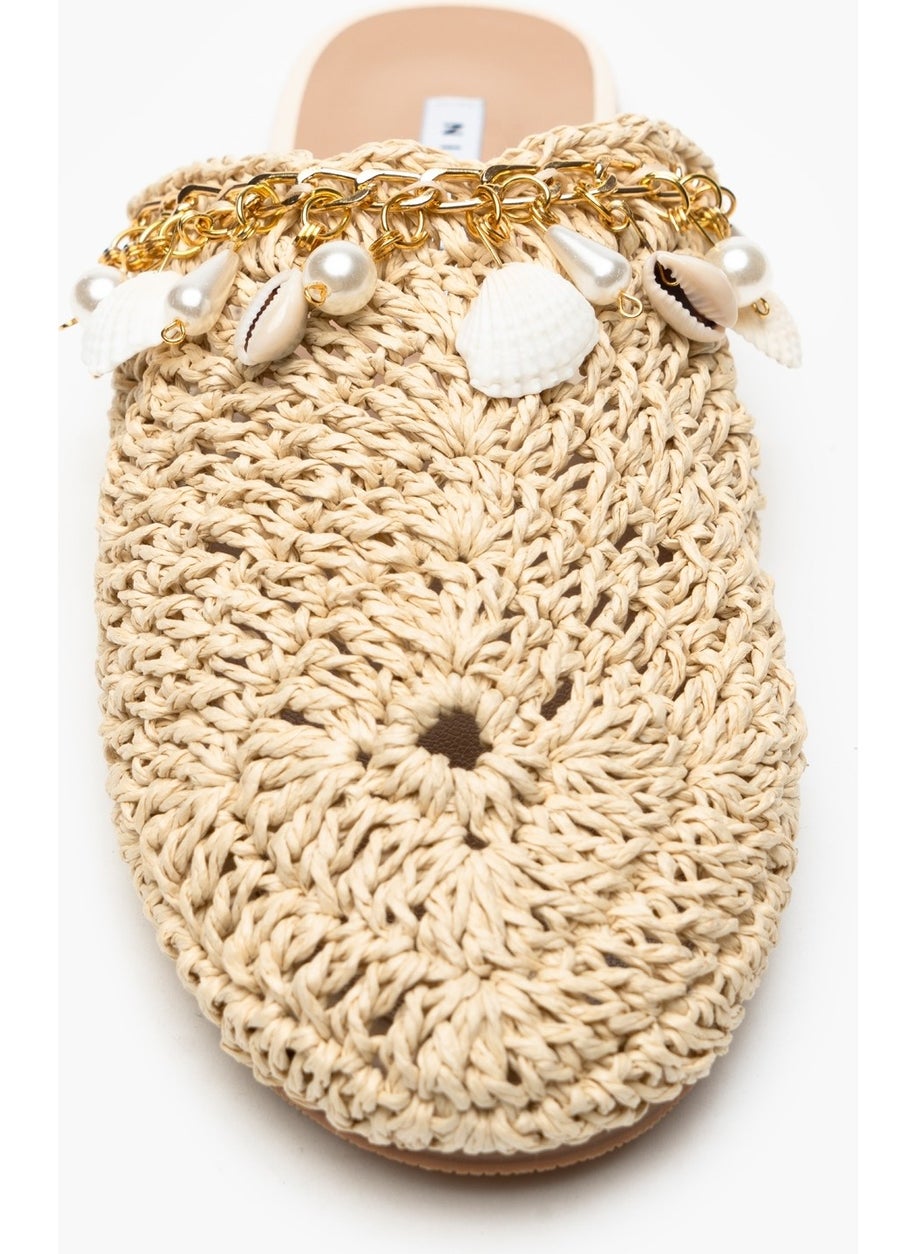 Kate Beige Knitted Seashell Detailed Women's Slippers