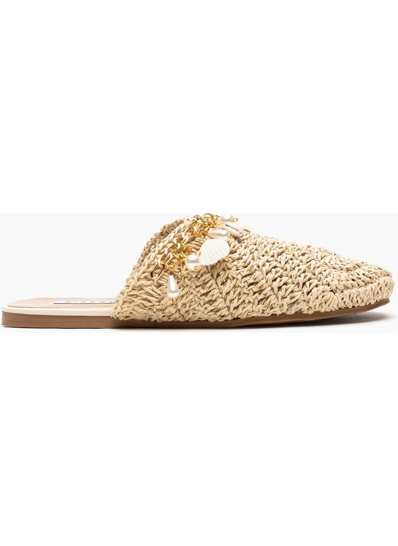 Kate Beige Knitted Seashell Detailed Women's Slippers