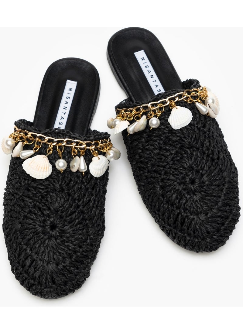 Kate Black Knitted Seashell Detailed Women's Slippers